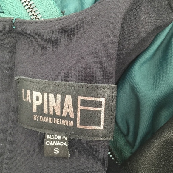 La Pina black leather halter green jersey dress bodycon ruched mini Small - Picture 5 of 5